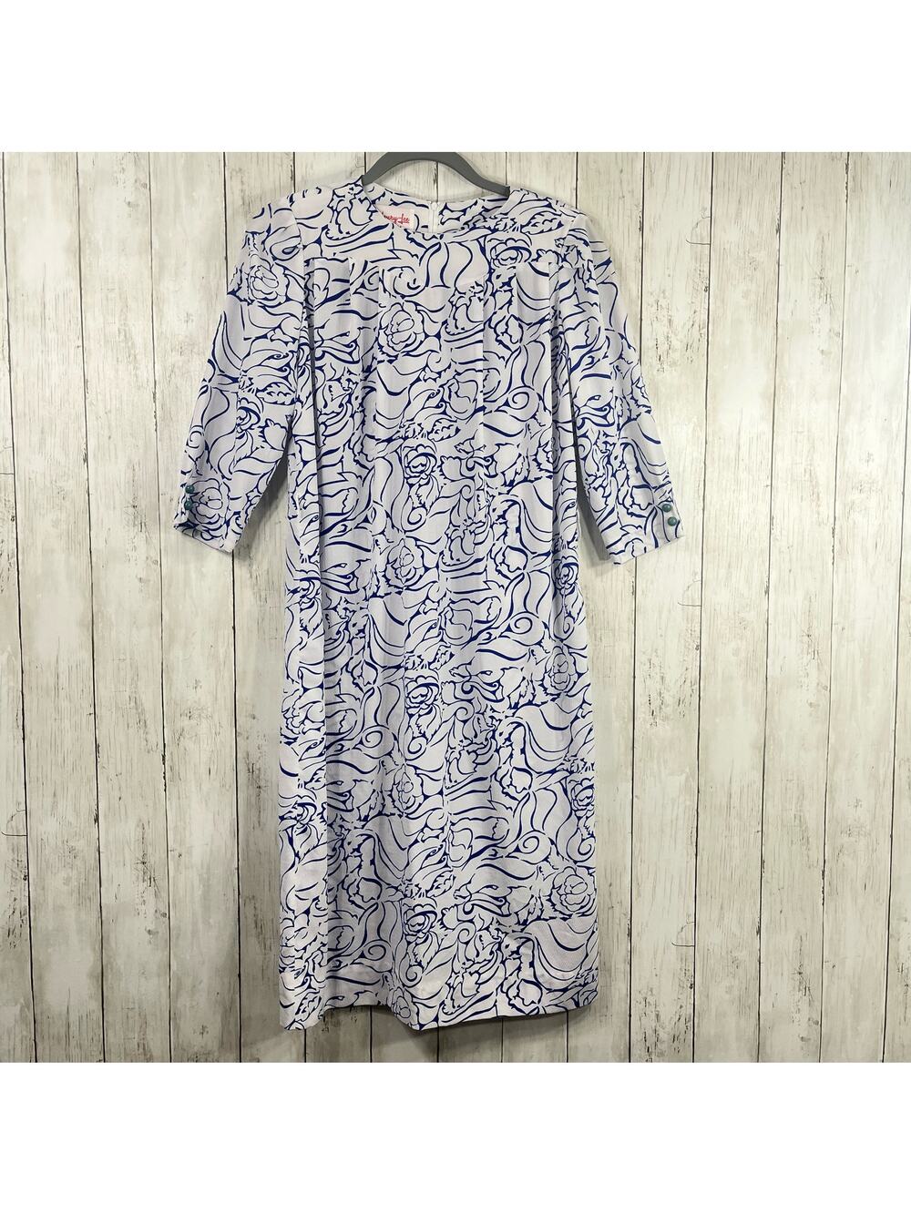 Vintage Henry Lee Petites Blue White Floral Swirls 3/4 Sleeve Shift Dress